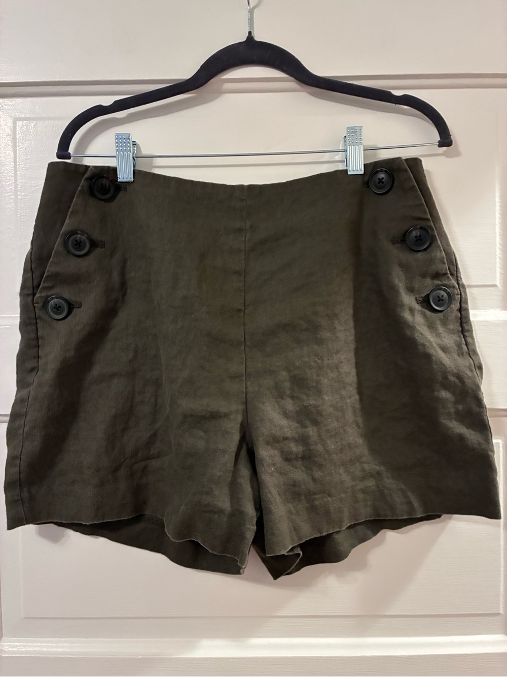 Boden 100% Linen Olive Button-Detail High-Rise Shorts Size US 10